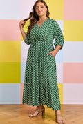 Johanna green and white geometric print dress with ruffle hem and side pockets