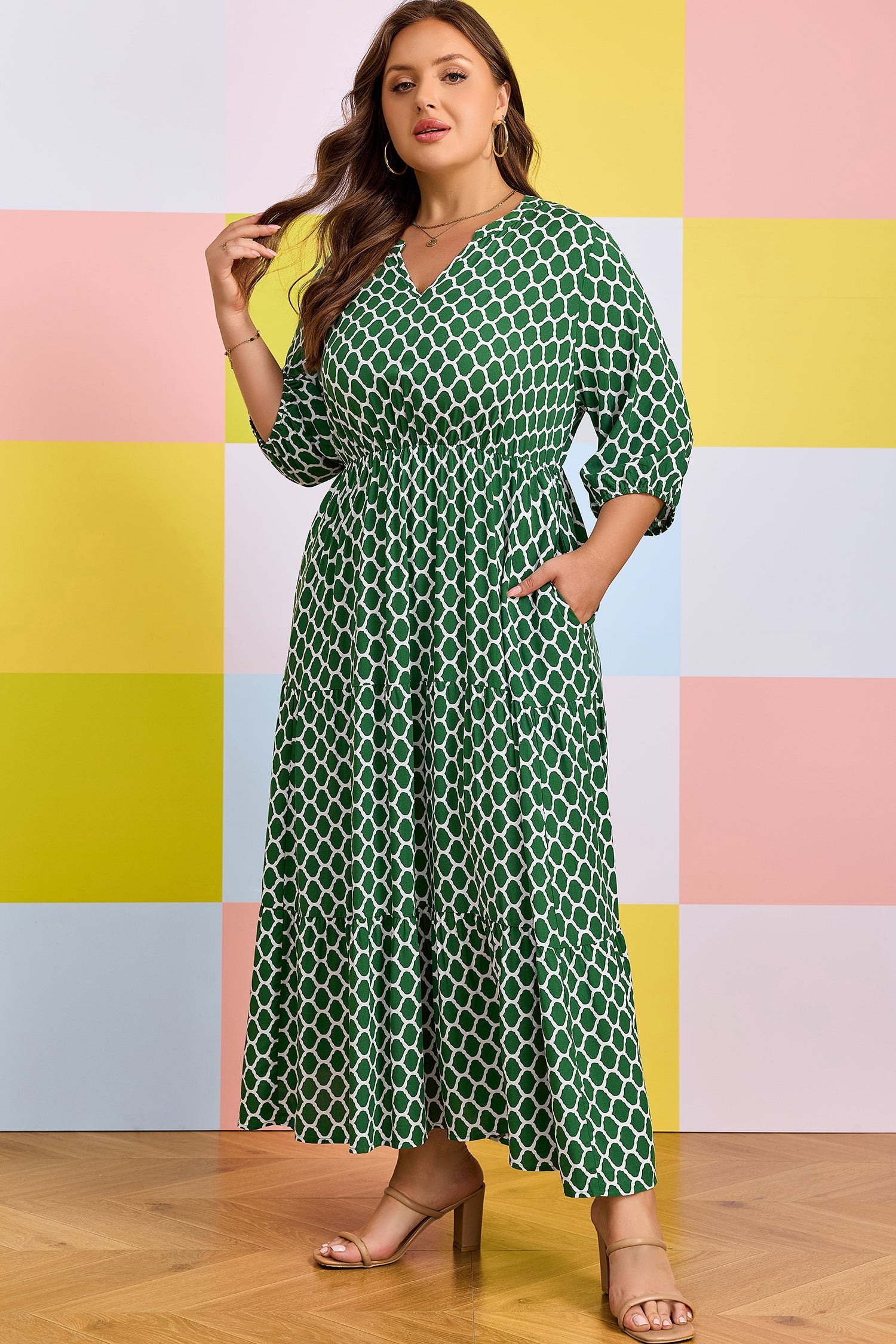 Johanna green and white geometric print dress with ruffle hem and side pockets