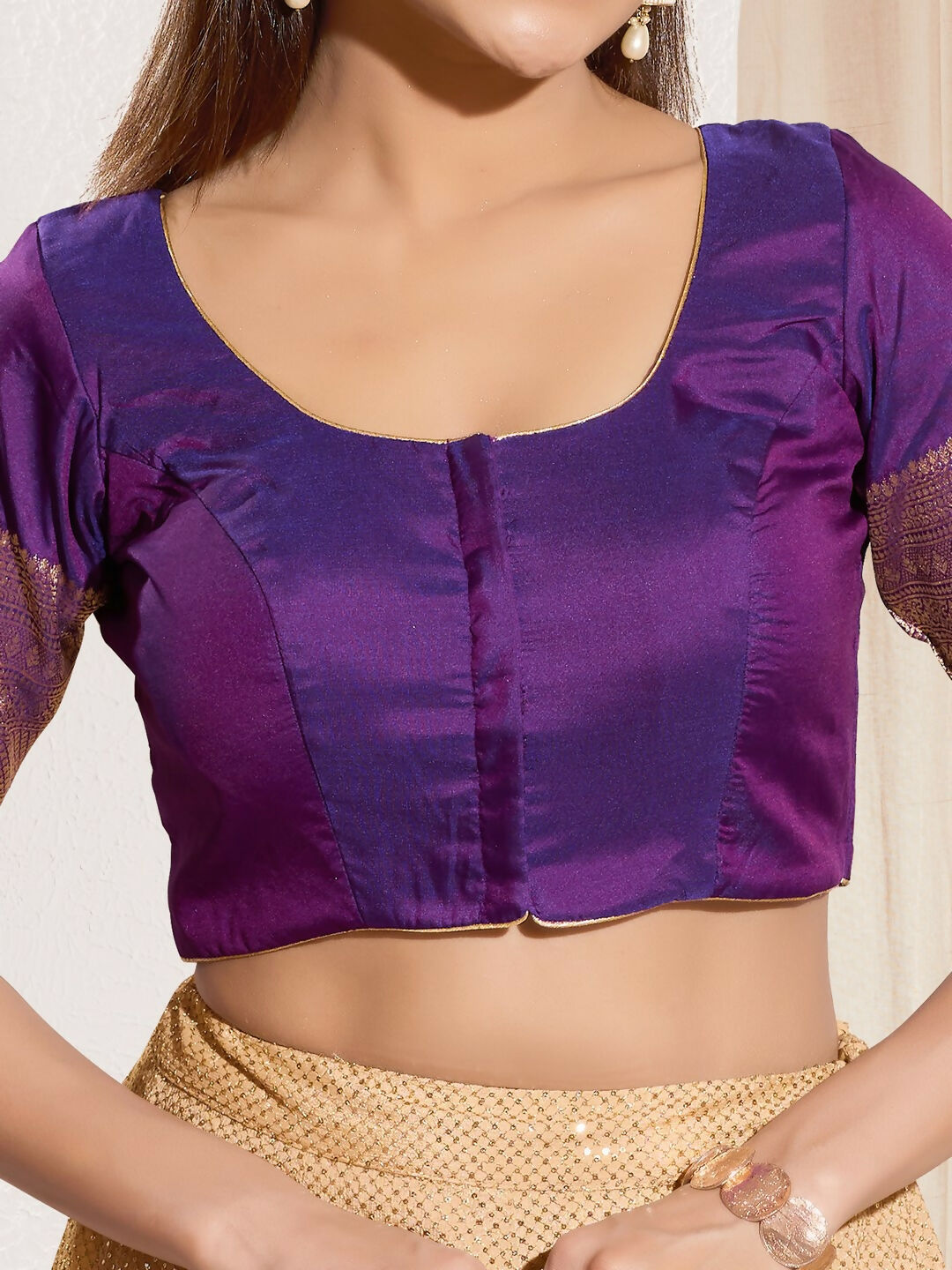 Brinjal Taffeta Silk Padded Blouse with Round Neck & Elbow Sleeves