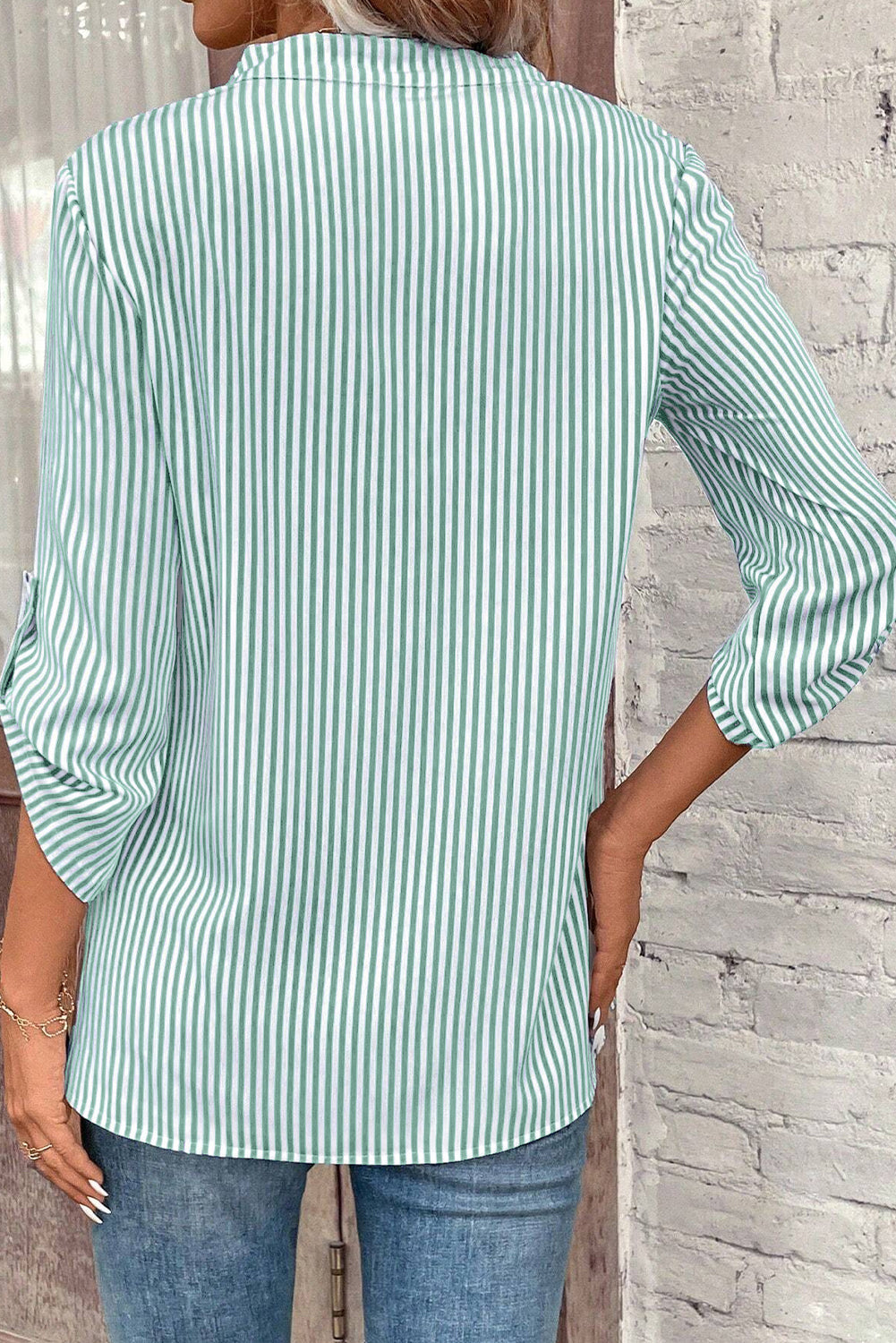 Green Stripe V-Neck Roll-Up Sleeve Shirt with Pocket Detail