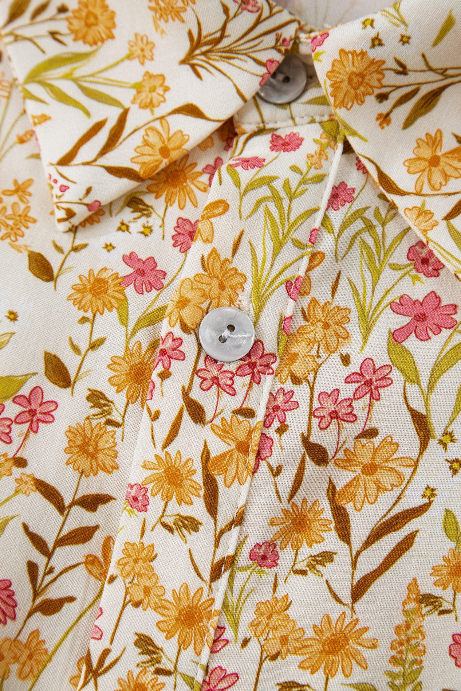 Yellow Floral Print Frilly Trim Smocked Cuff Long Sleeve Shirt Dress