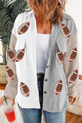 White Sequin Rugby Graphic Corduroy Shacket with Flap Pockets