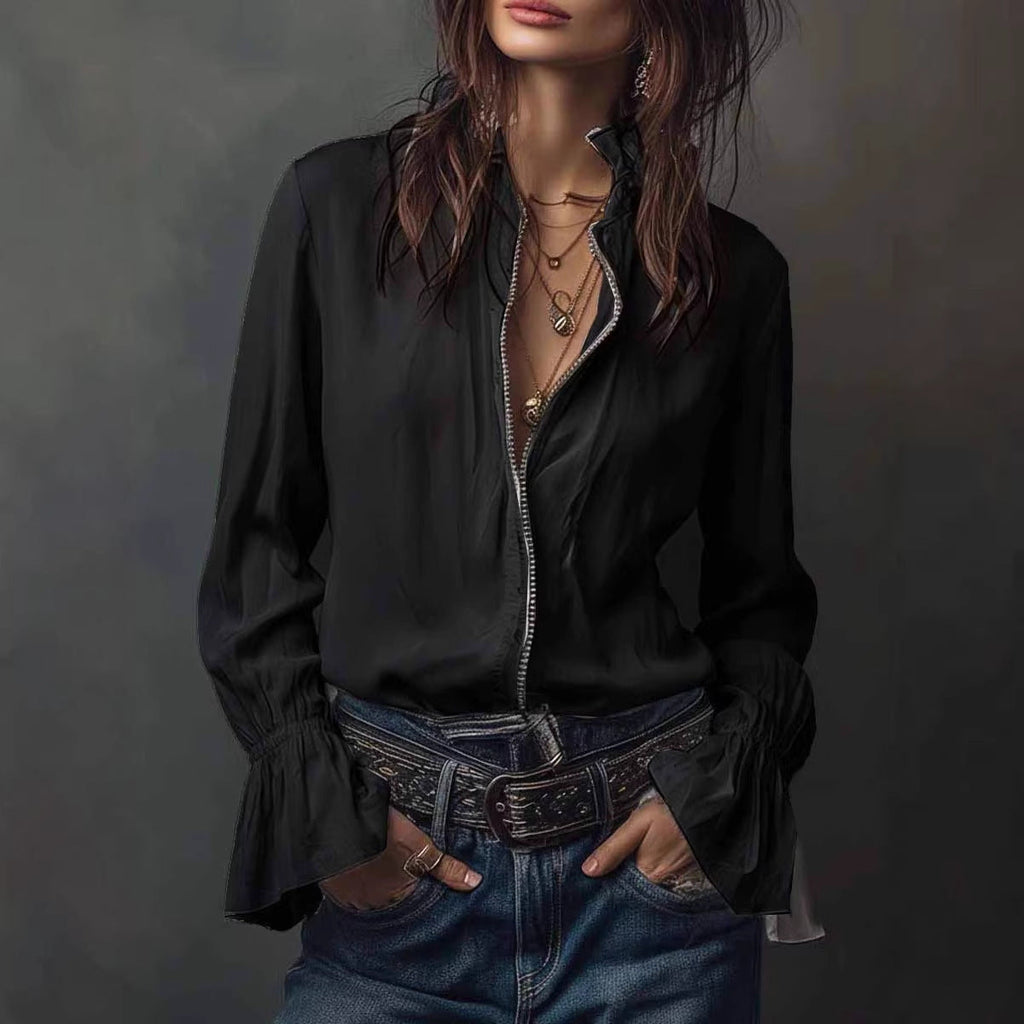 White Ruffled Long Sleeve Resort Blouse with Zipper Detail