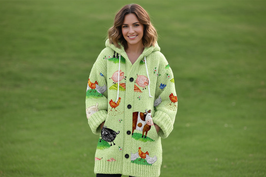 Women's Retro Floral Linen Cardigan - Loose Fit Hooded Top