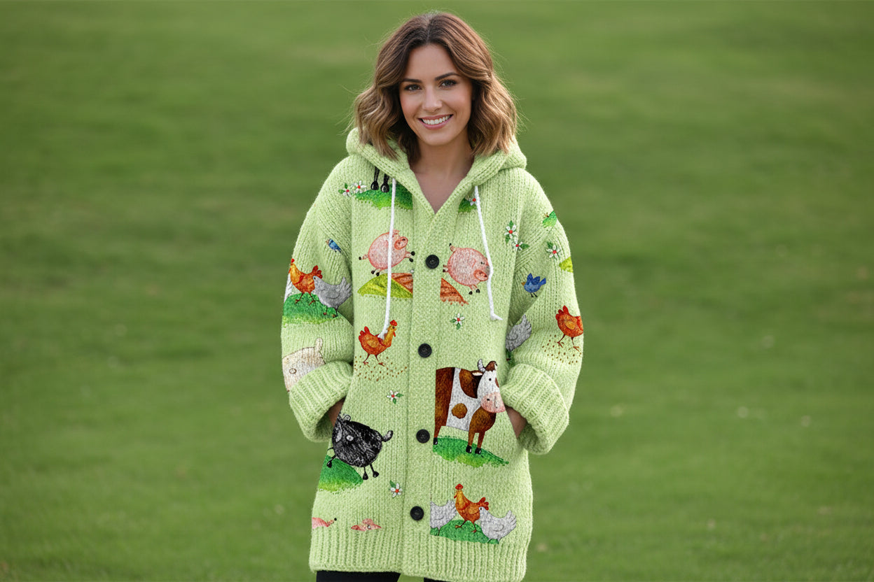 Women's Retro Floral Linen Cardigan - Loose Fit Hooded Top