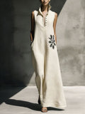Women's Cotton Linen Mandarin Collar Graphic Print Maxi Dress - Image 6