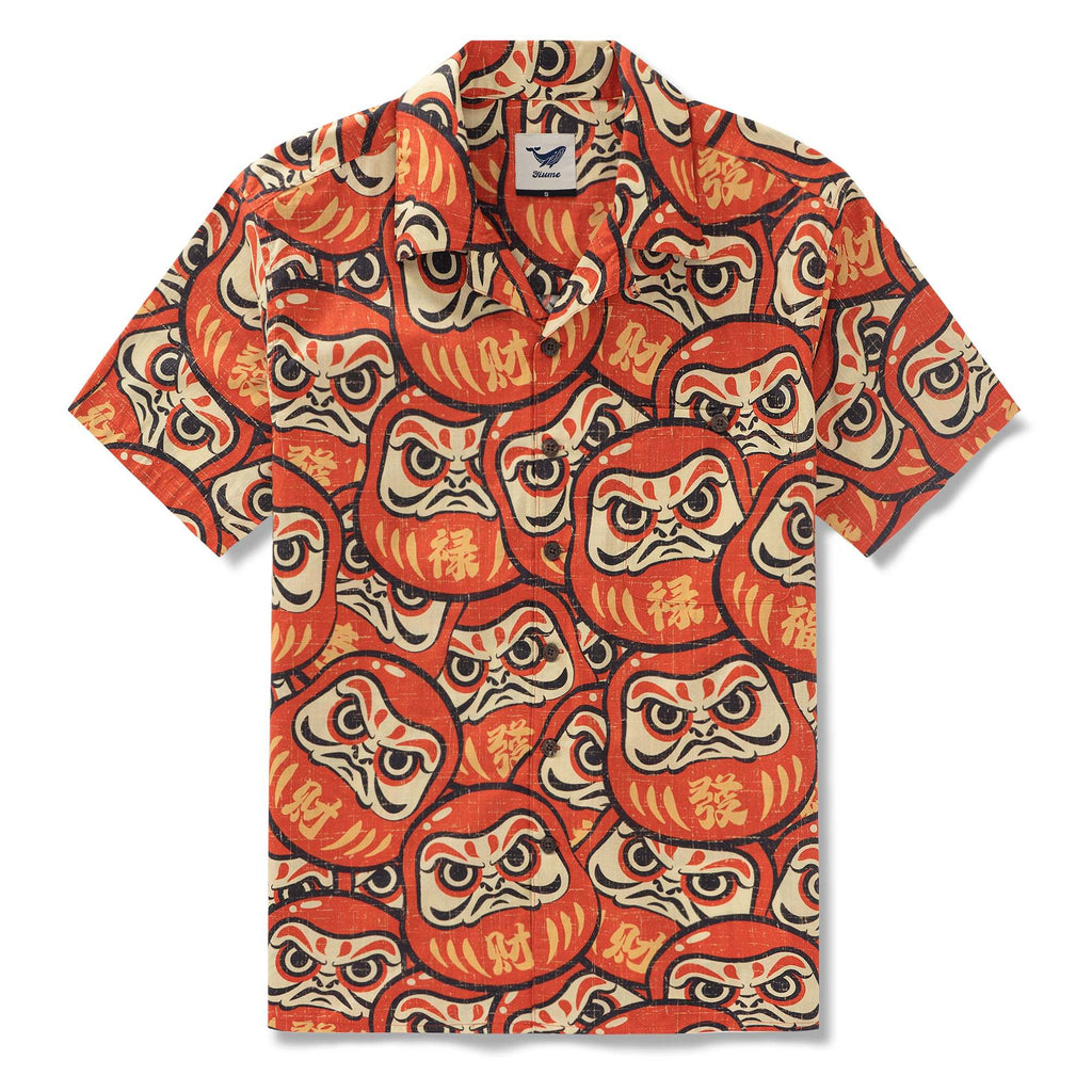 100% Cotton Hawaiian Shirt For Men Japanese Daruma Doll Camp Collar Shirt By Yakima