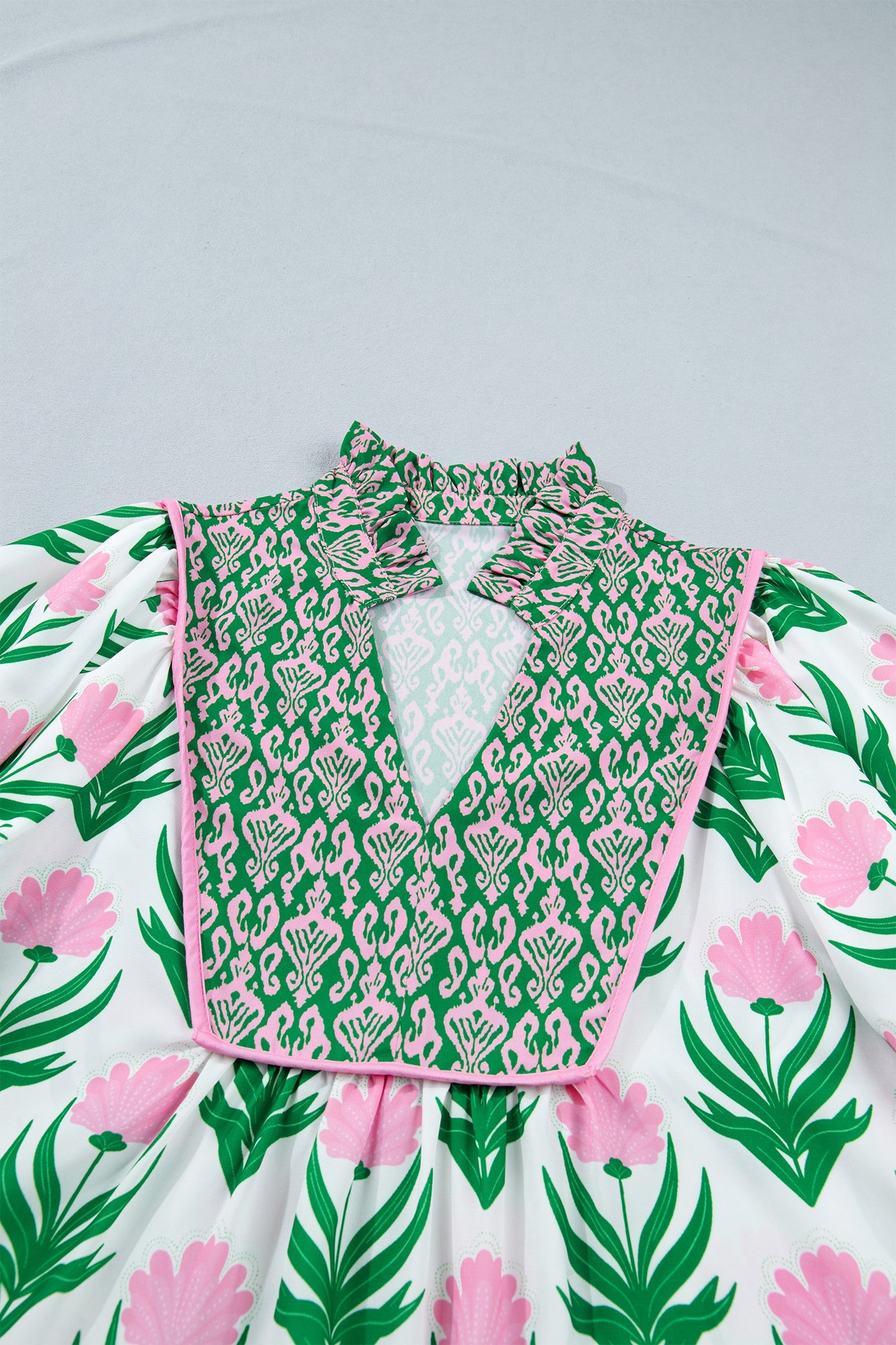 Floral V-Neck Blouse with Contrast Border and Relaxed Shift Fit