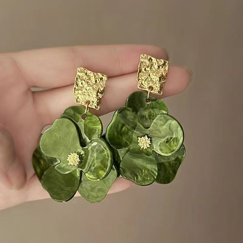 925 Silver Needle Acrylic Flower Earrings, Forest Retro French Style