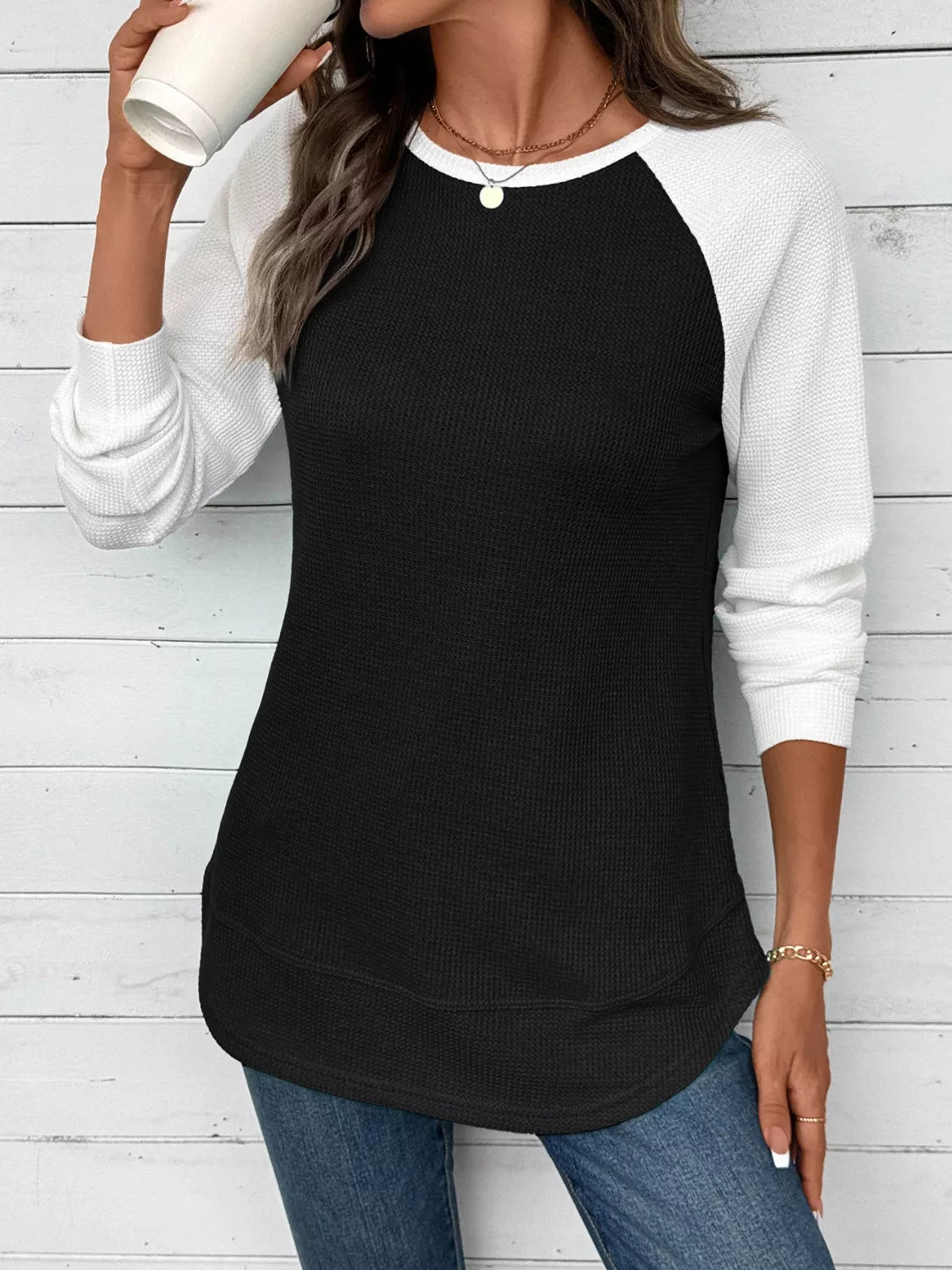 Waffle Knit Raglan Sleeve T-Shirt | Relaxed Fit Crew Neck