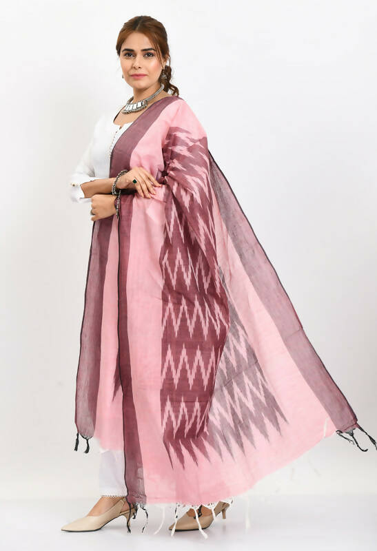 Handloom Cotton Ikkat Dupatta in Maroon with Light Pink