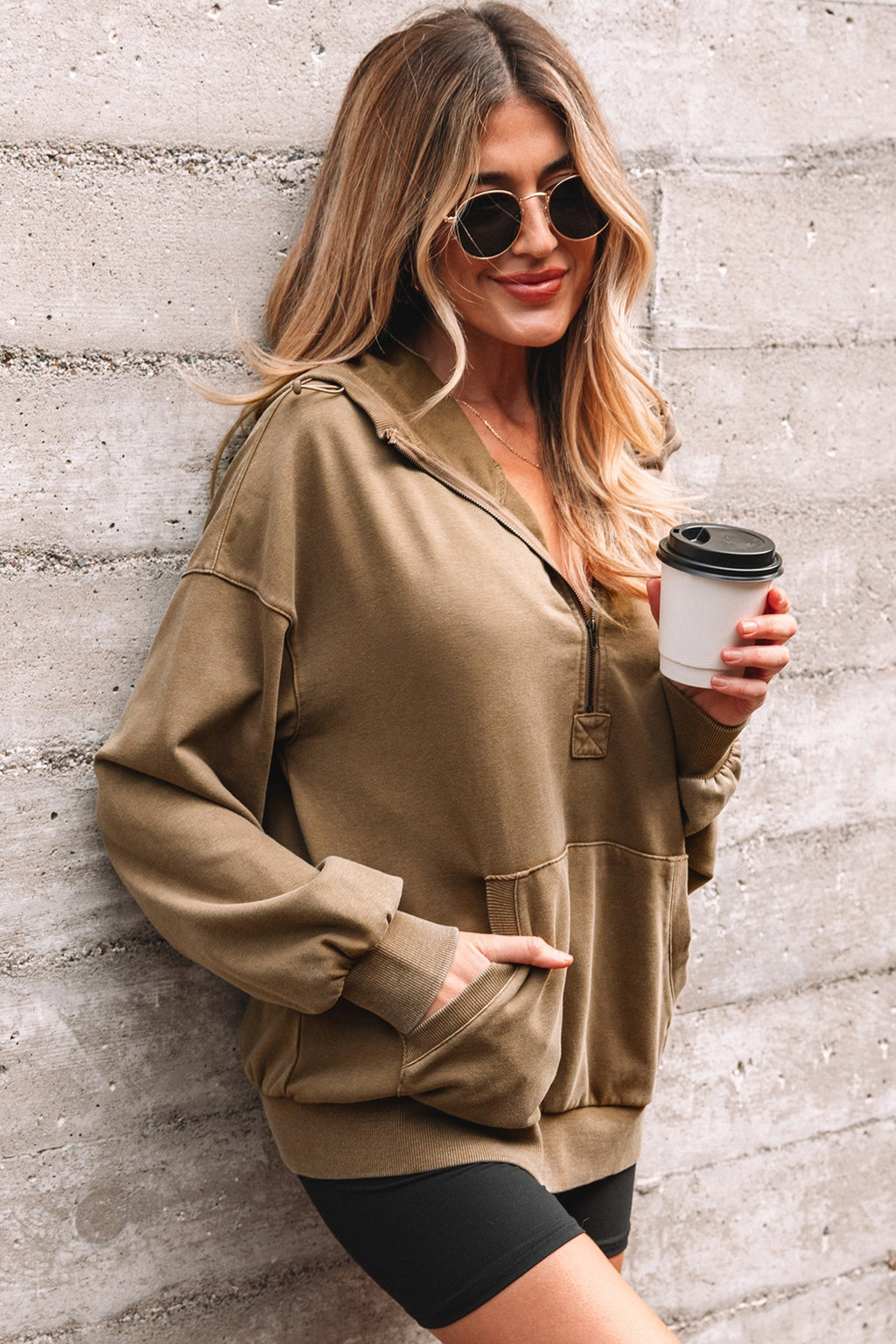 Solid Half-Zip Kangaroo Pocket Baggy Hoodie