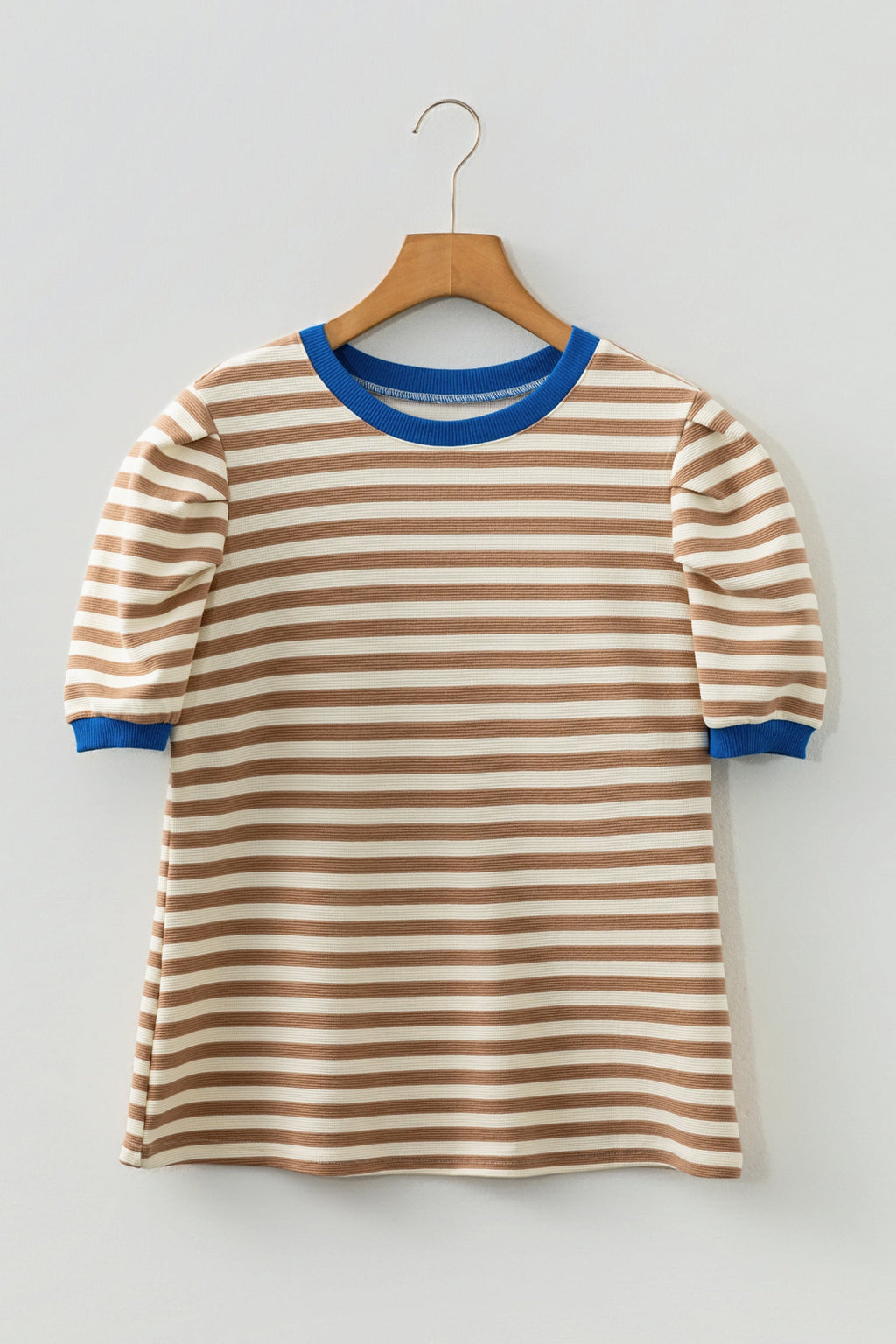 Stripe Contrast Trim Short Puff Sleeve Tee