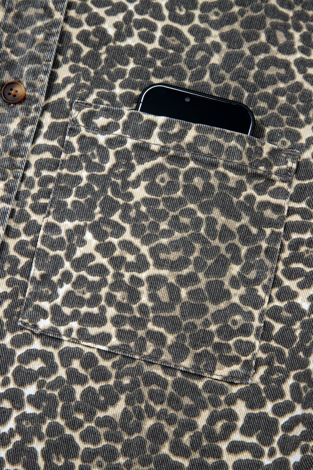 Leopard Denim Short Sleeve Button Up Cropped Shirt