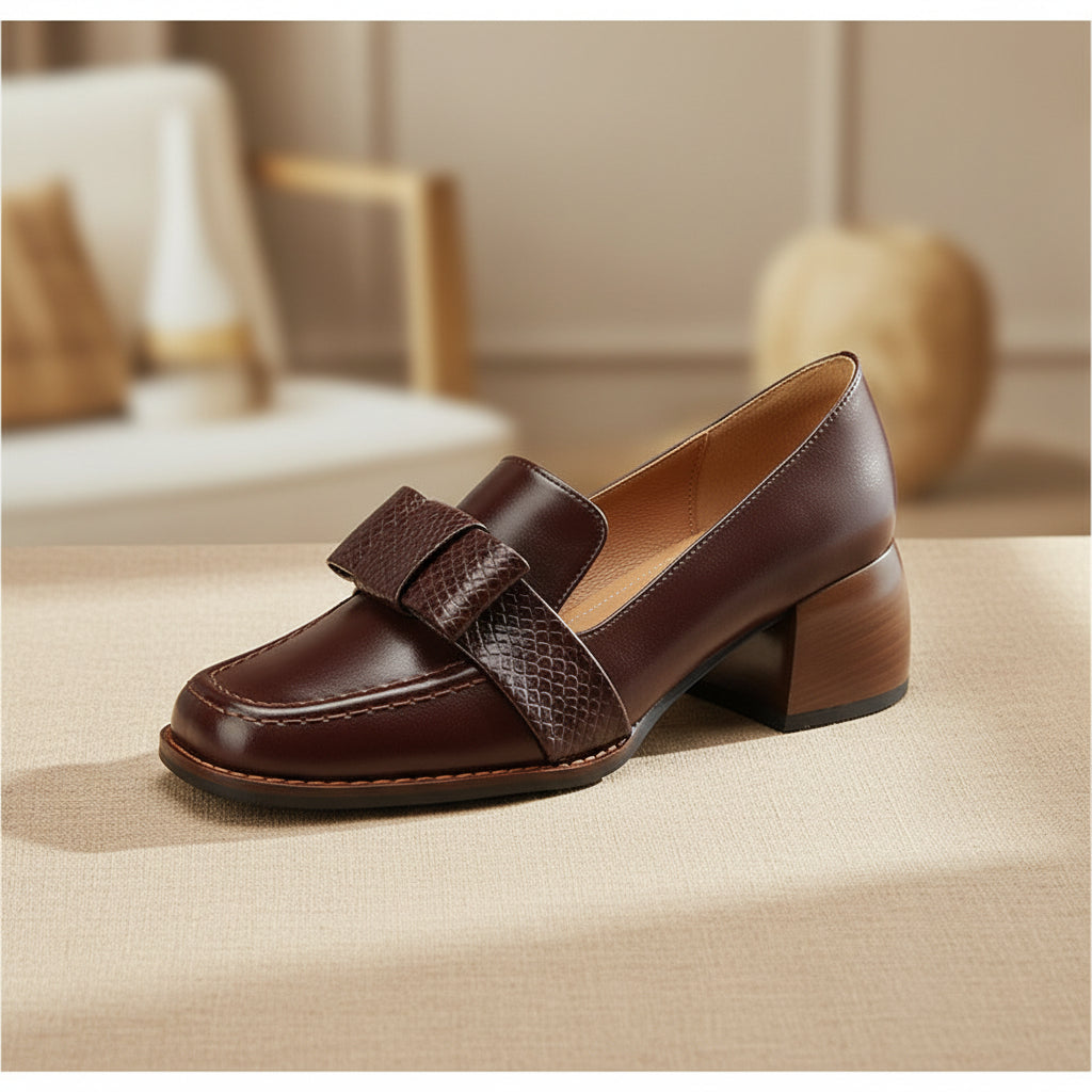 Women Brown Square Toe Chunky Heel Pumps with Decorative Bow - Image 7