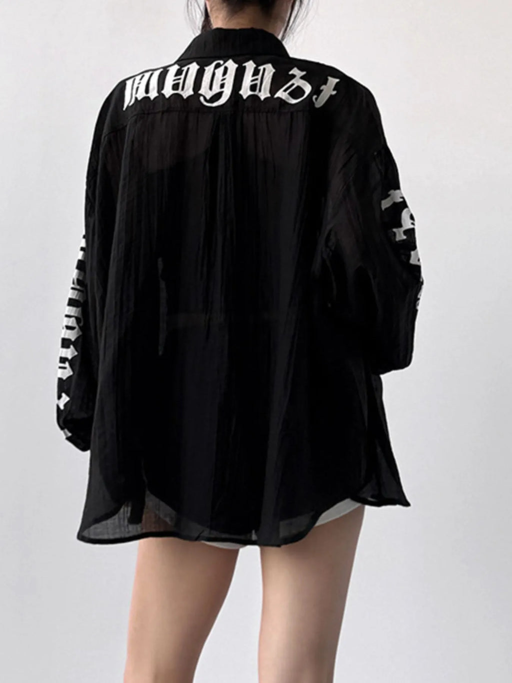 Oversized Sheer Long Sleeve Button-Up Shirt in White - Image 10