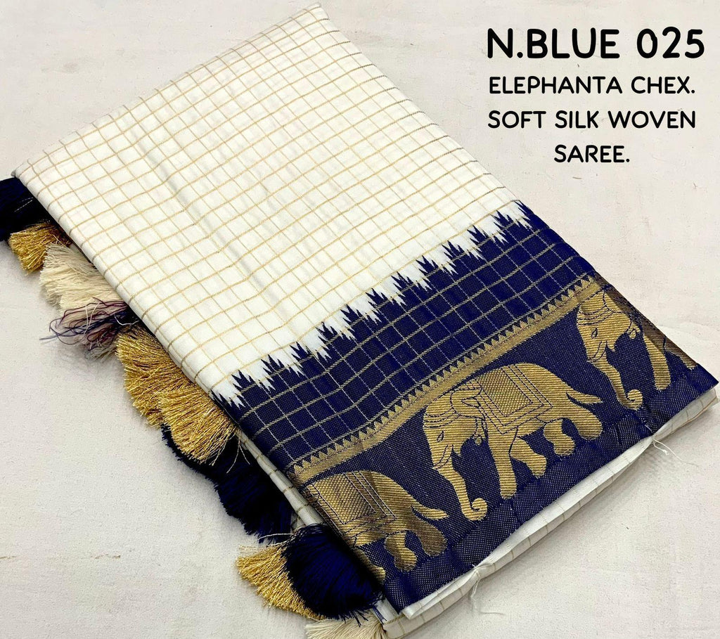 Nblue Silk Zari Woven Saree with Elephant Border and Rich Pallu
