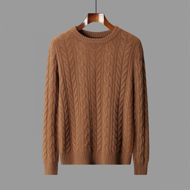 A minimalist men's long-sleeve knit crew neck sweater in a warm neutral tone.