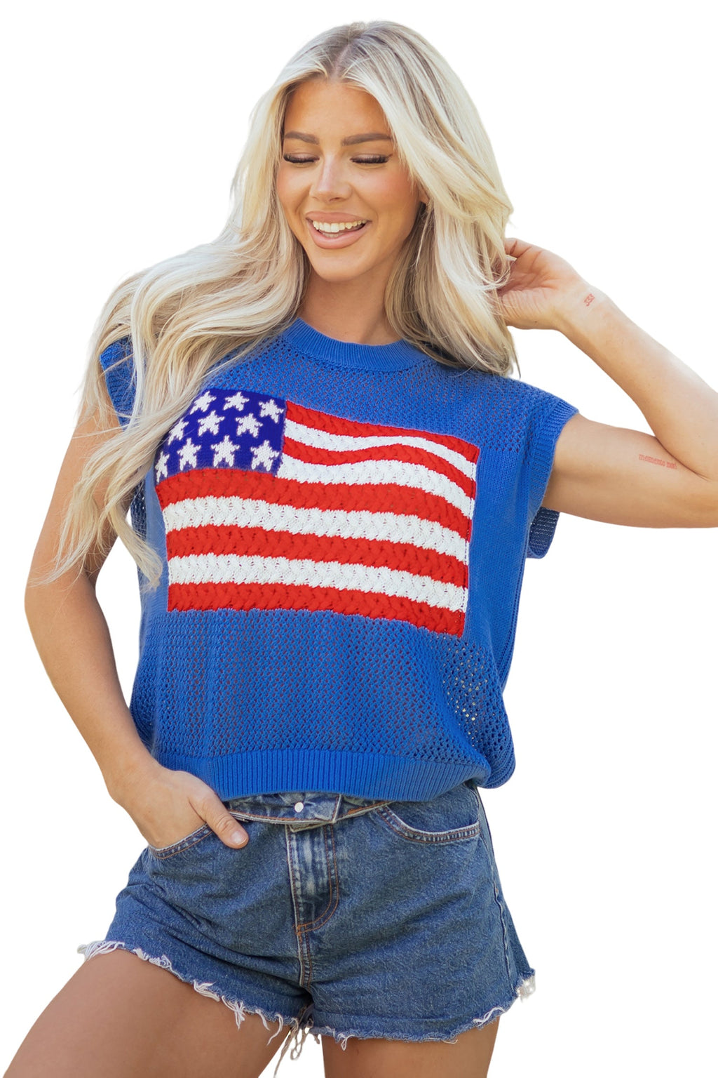 USA Flag Crochet Short Sleeve Sweater Top