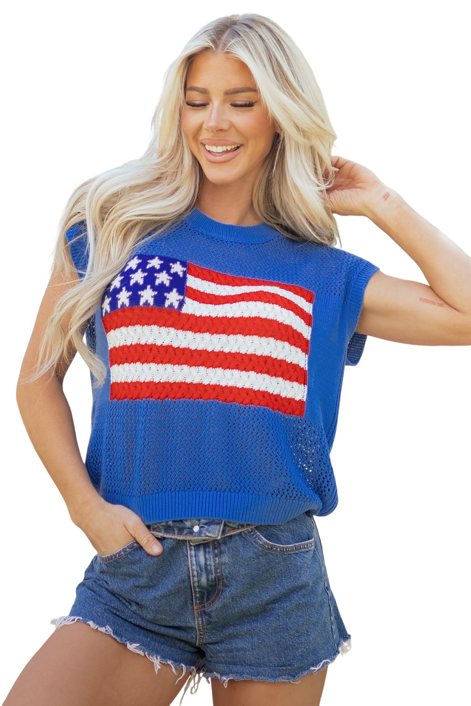 USA Flag Crochet Short Sleeve Sweater Top
