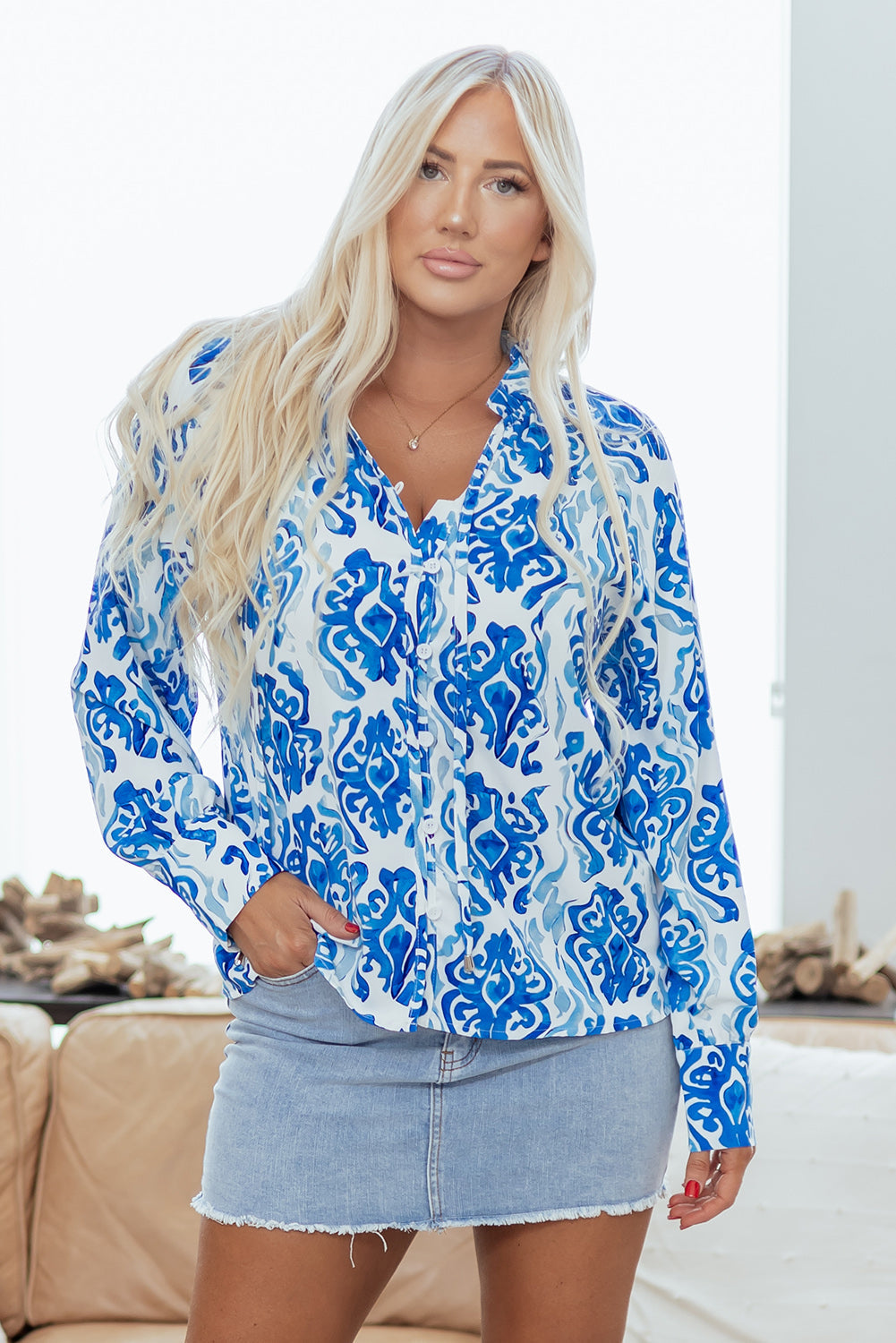 Abstract Tie-Neck Button- Up Puff Sleeve Shirt