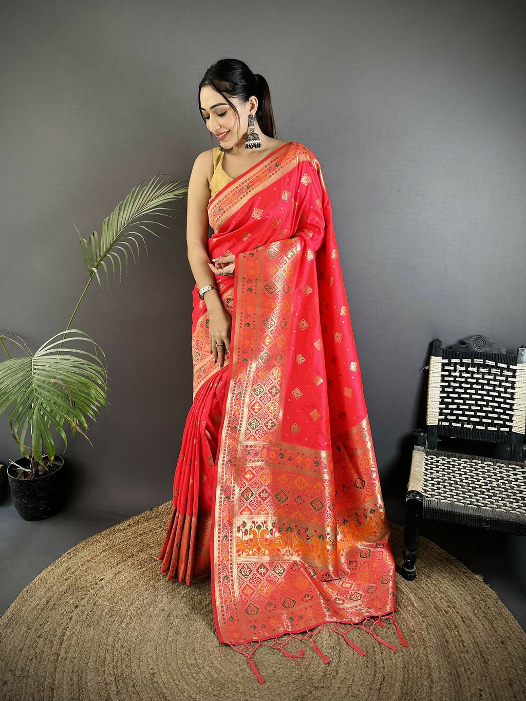 Rani Pink geometric pattern soft silk Patola saree with matching blouse