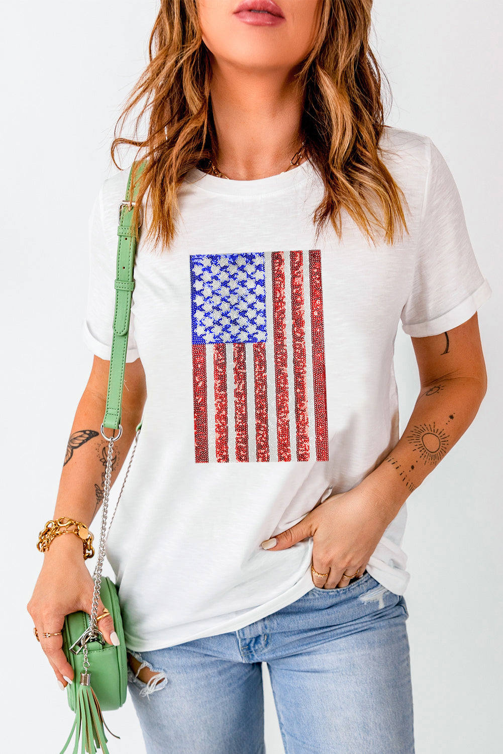 White Shimmery USA Flag Graphic Round Neck Tee Patriotic Shirt