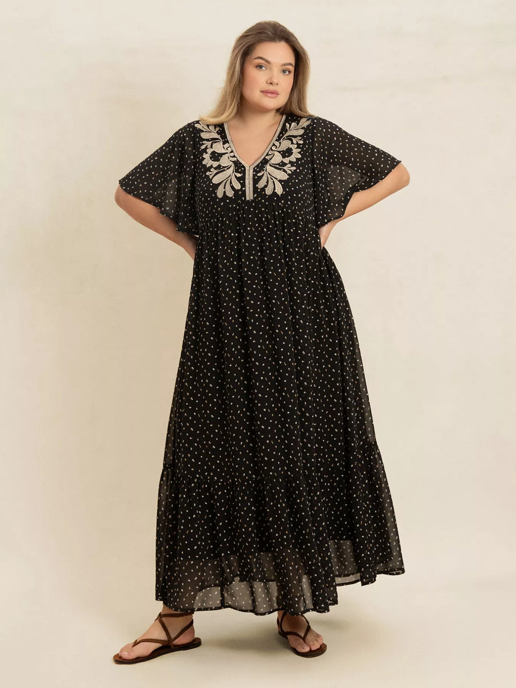 Plus Size Printed V-Neck Flutter Sleeve Maxi Dress