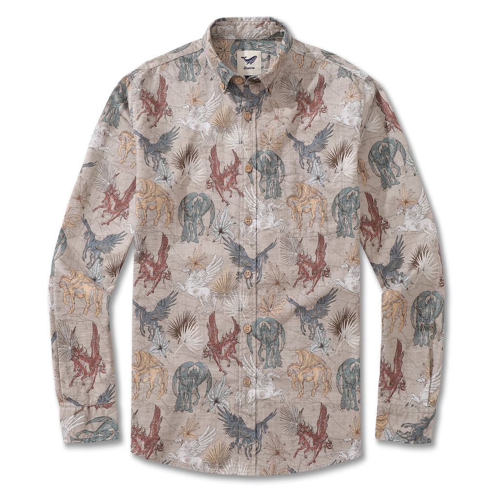 Men's long sleeve button-down Hawaiian shirt featuring Pegasus print