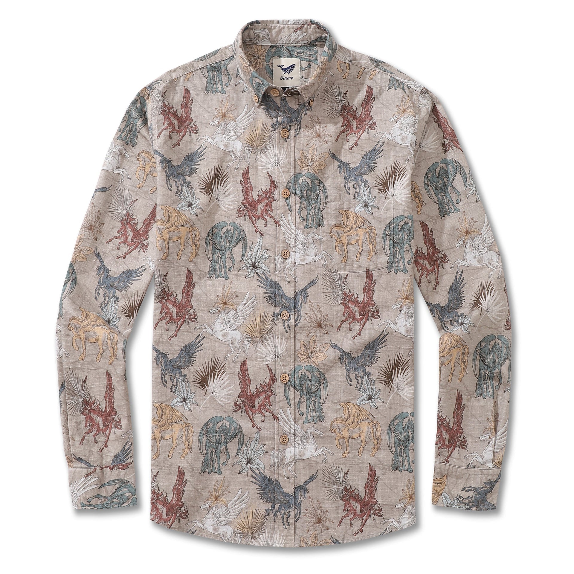 Men's long sleeve button-down Hawaiian shirt featuring Pegasus print