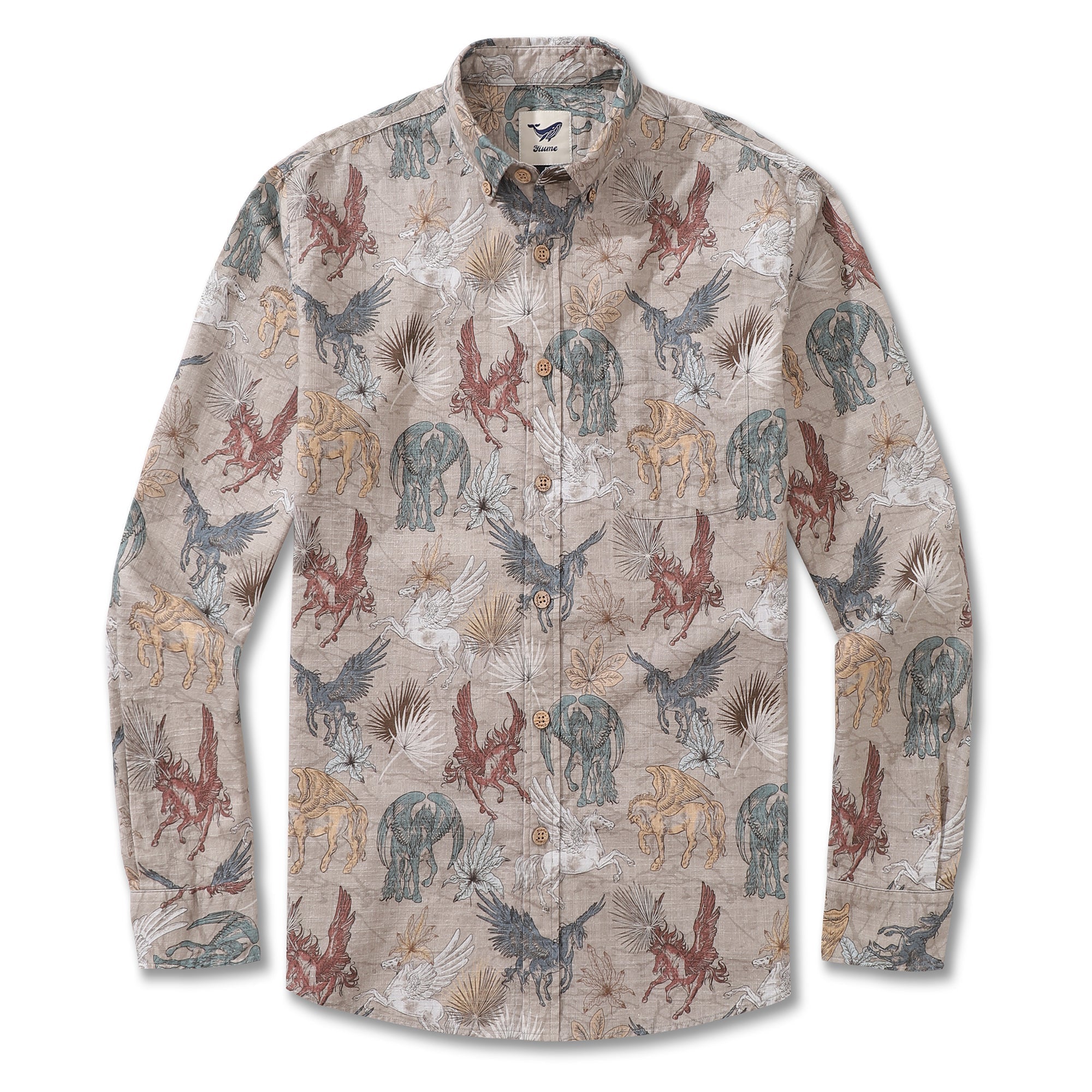 Men's long sleeve button-down Hawaiian shirt featuring Pegasus print