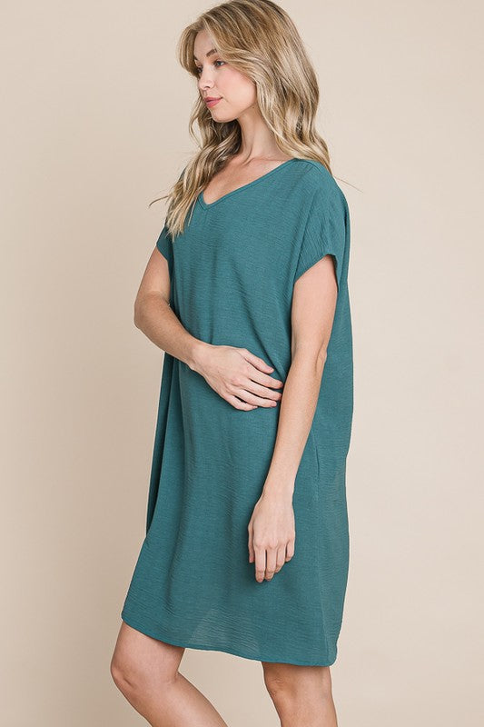 V-Neck Short Sleeve Casual Midi Dress with Pockets