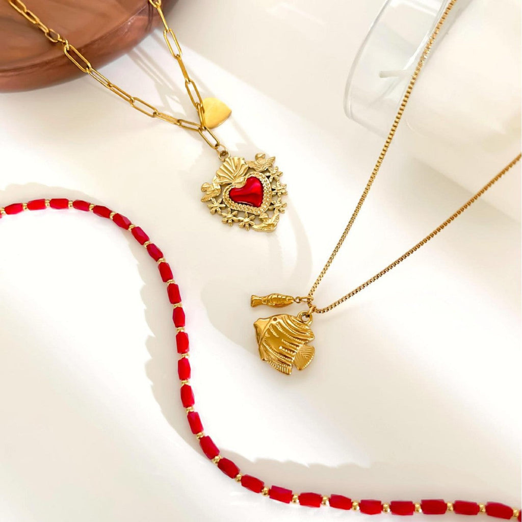 Stainless Steel Heart And Small Fish Enamel Red Bead Necklace