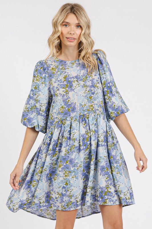 Floral print linen blend babydoll mini dress in a feminine and flowy silhouette