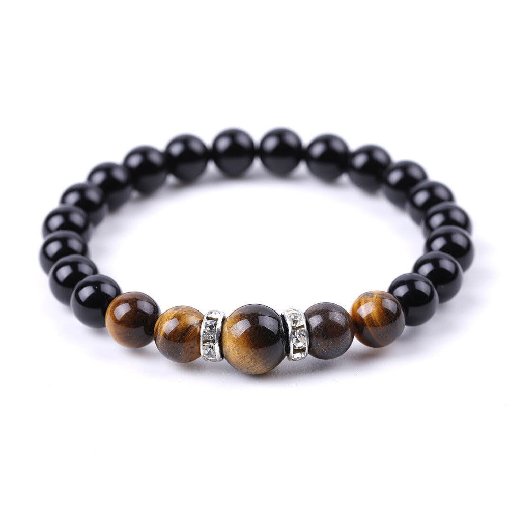 Unisex bracelet with 8mm and 10mm Tiger's Eye and glossy black beads featuring a micro-pave diamond geometric center