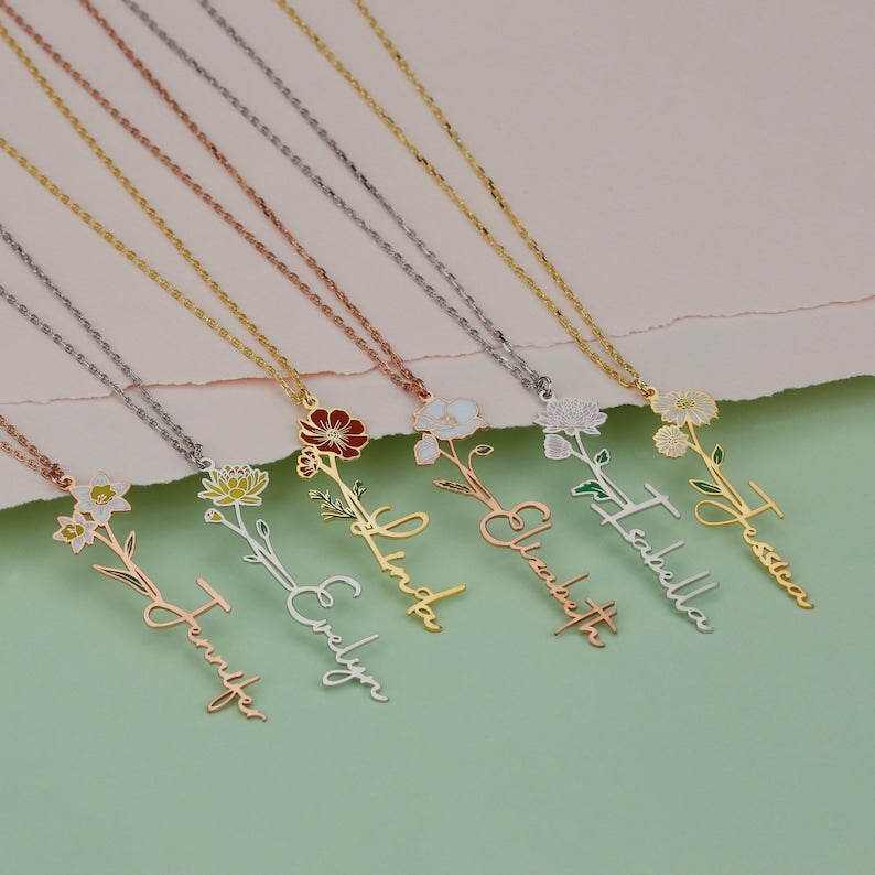 Personalized Birth Flower & Cursive Name Necklace - Custom Minimalist