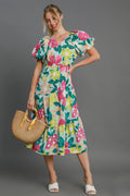 Elegant floral print midi dress with trendy puff sleeves