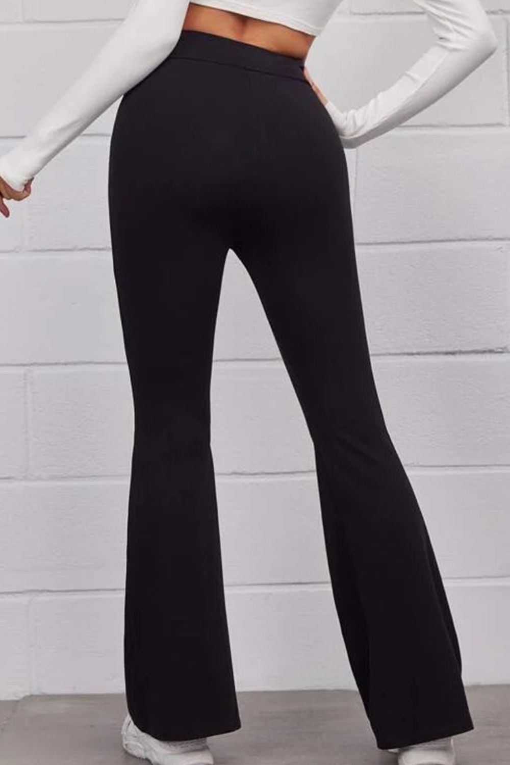 Women's Solid Black Pull On Flared Pants Casual High Rise Bottoms - Image 2