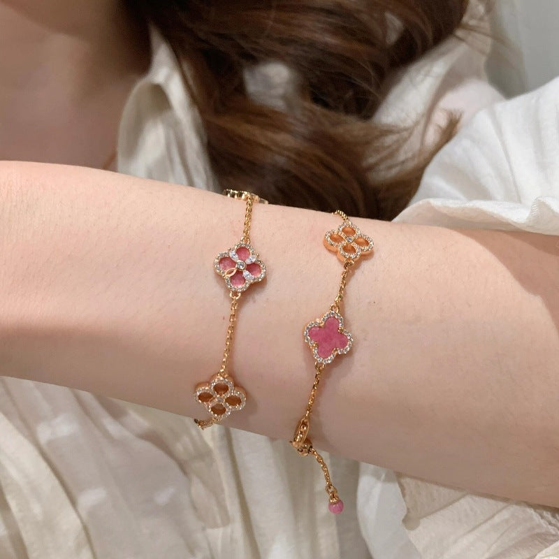 Pink Four Leaf Clover Necklace, Bracelet and Earring Set
