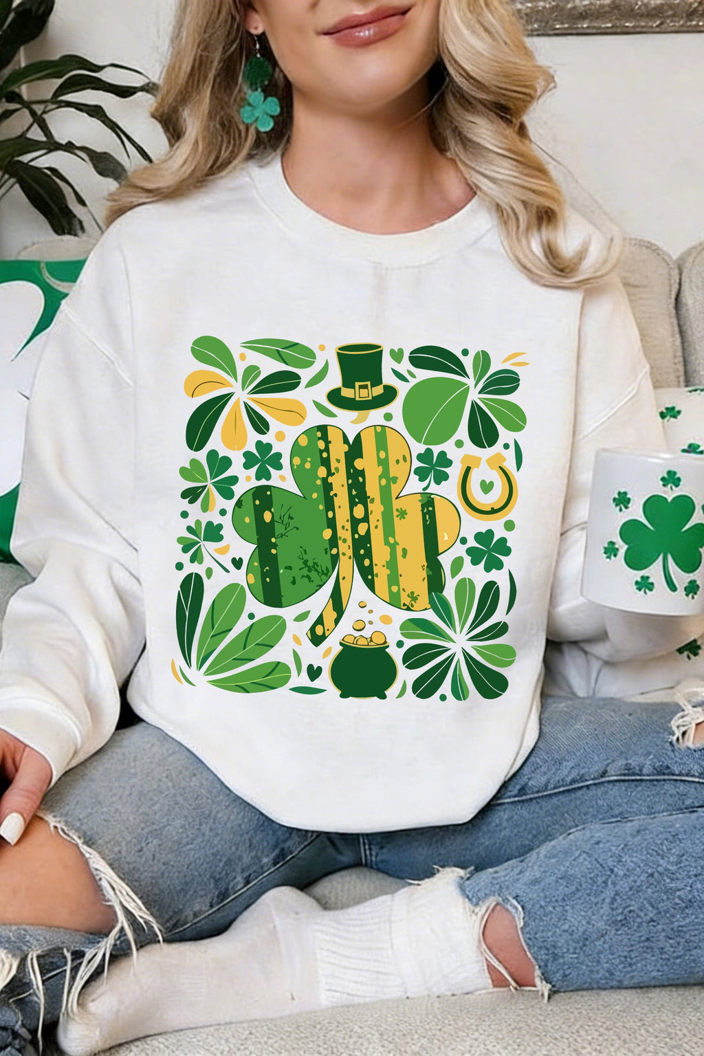 White Clover St Patrick's Day Graphic Sweatshirt | Cotton Blend
