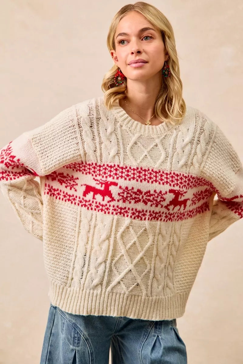 Christmas Fair Isle Cable Knit Sweater in Red