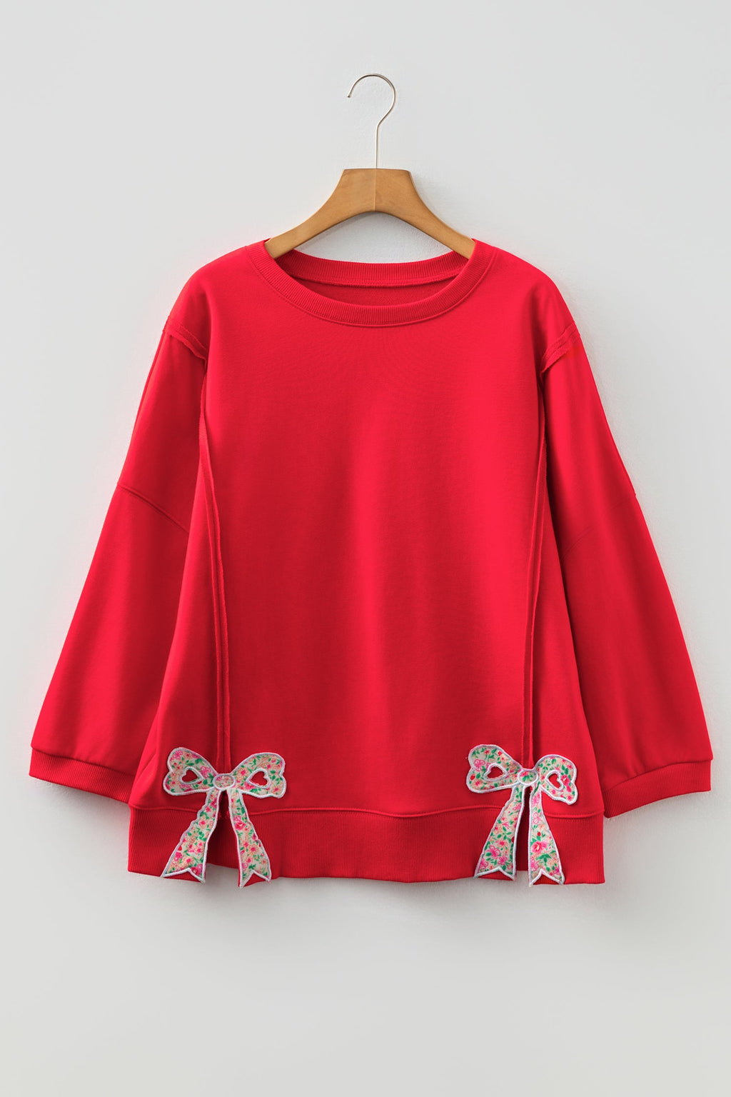 Fiery Red Floral Bow Patchwork Baggy Sweatshirt with Exposed Seams