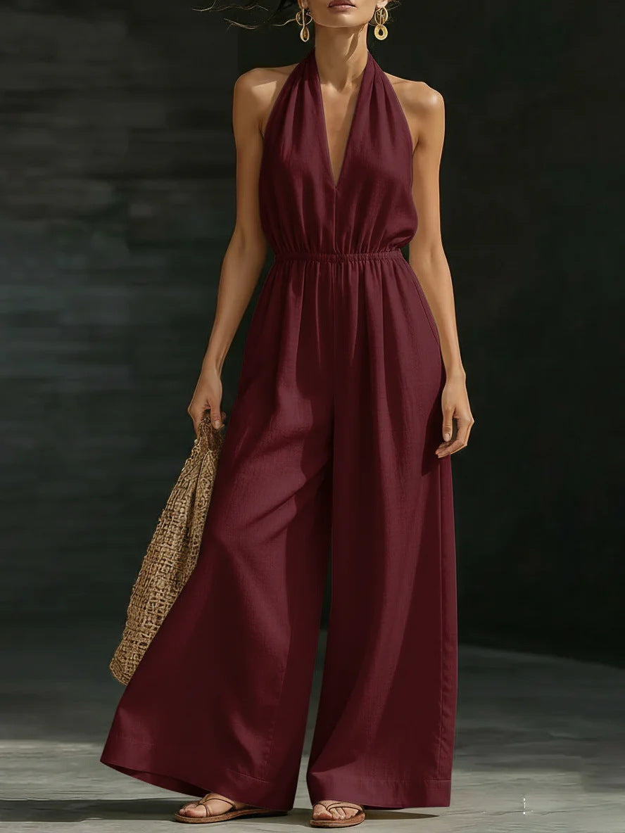 Women’s V-Neck Halter Neck Wide-Leg Sleeveless Jumpsuit
