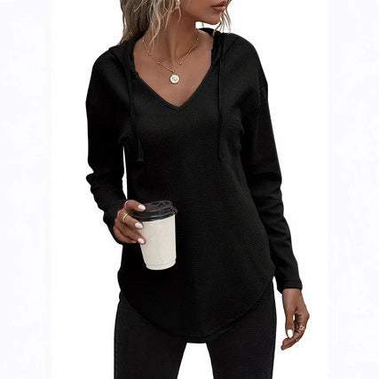 V-Neck Pullover Hoodie with Drawstring Detail in Knit