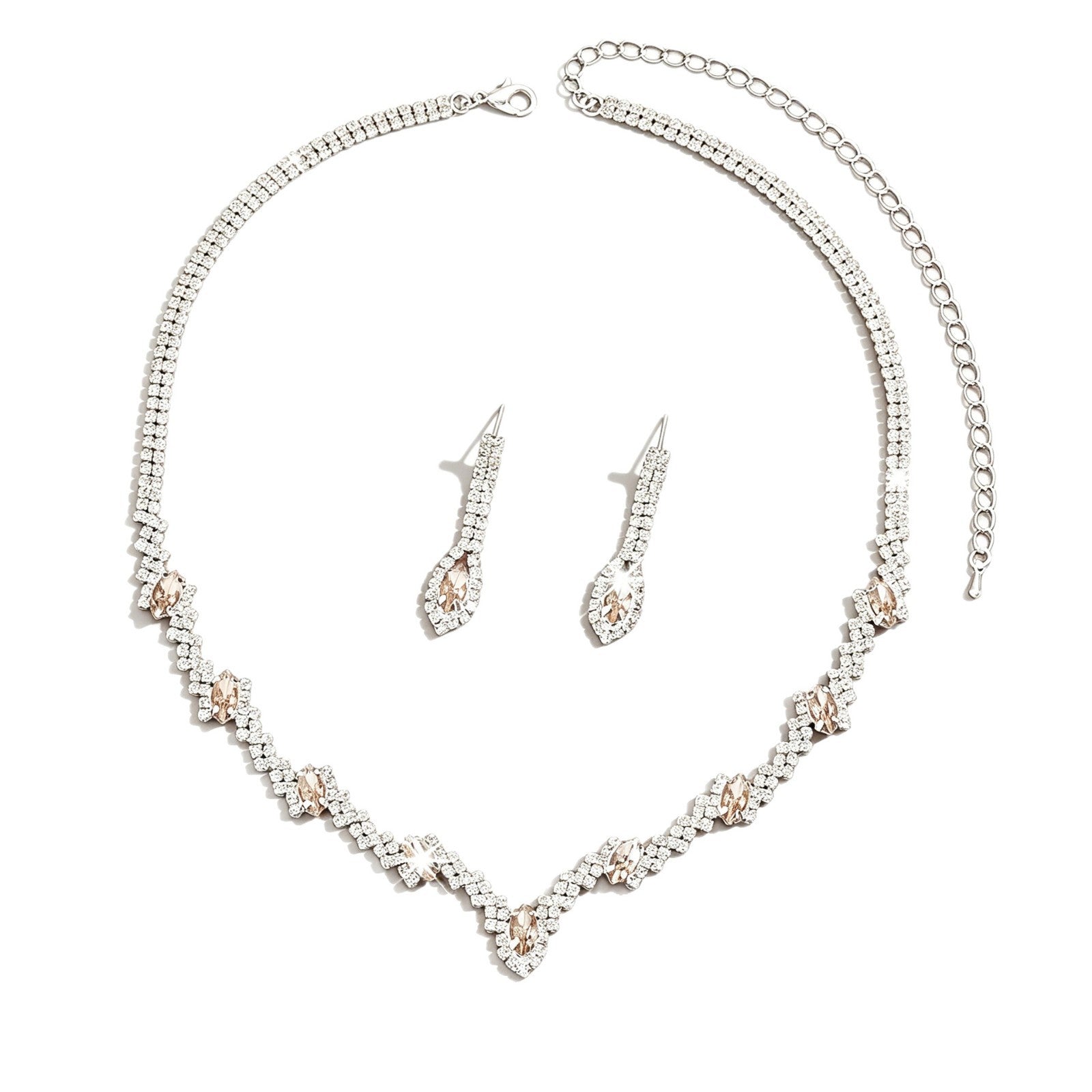 European And American Cross-Border New Style Full Diamond Water Drop V-Shaped Bridal Wedding Necklace And Earrings Fashion Exquisite Eco-Friendly Jewelry Set