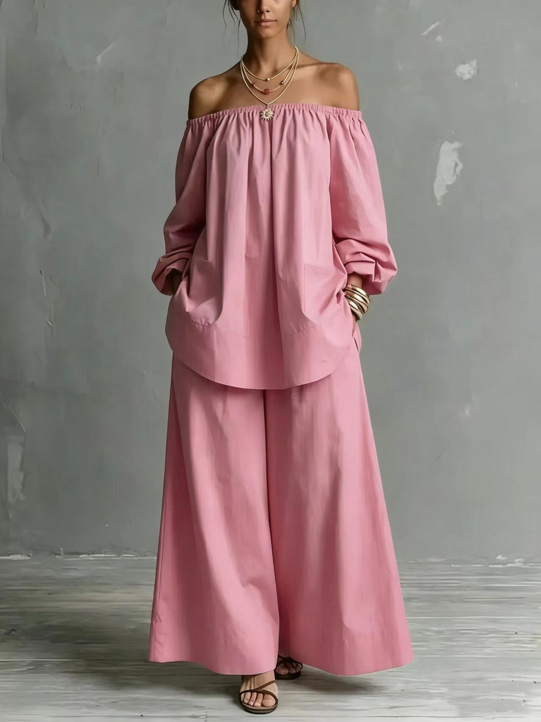 Off-Shoulder Cotton-Linen Wide-Leg Pants Set - Breathable Two-Piece - Image 7