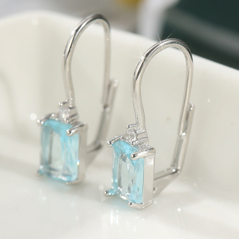 Elegant Blue Rectangle Crystal Drop Earrings Silver Tone Brass Women Daily Wedding Fashion Jewelry Gift
