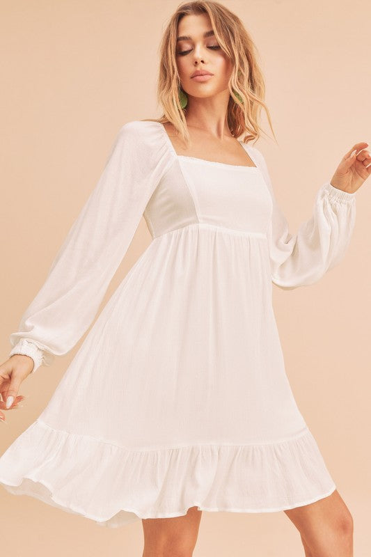 White Square Neck Balloon Sleeve Ruffled Hem Mini Dress