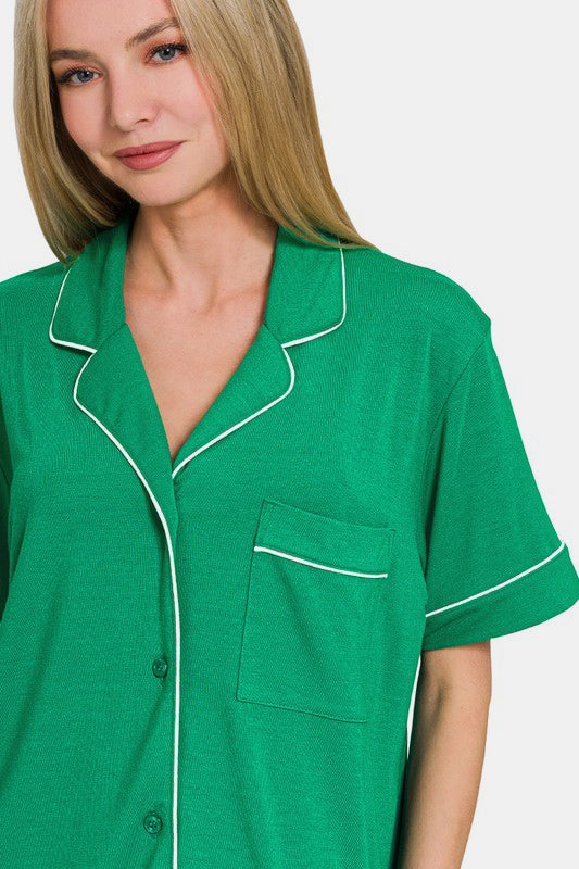 Zenana Button Down Short Sleeve Lounge Set