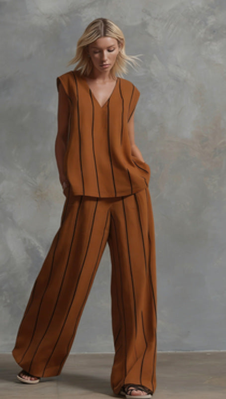 Women's V-Neck Sleeveless Striped Top and Wide Leg Pants Set - Image 6